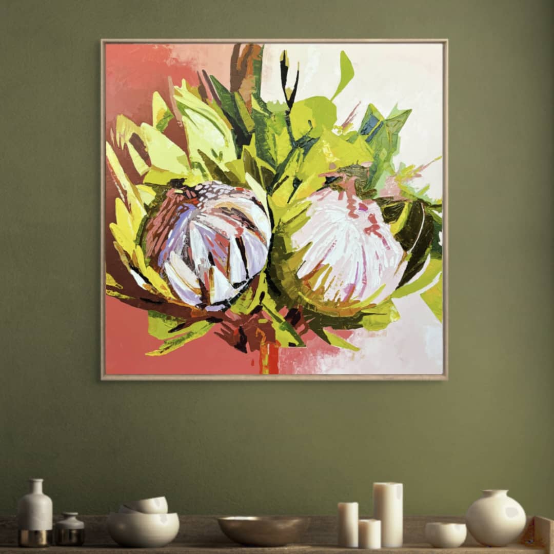 Nancy Cover original painting ~ 'Sunset Crowns' @ Curate Art & Design, must-visit art gallery in Daylesford, Victoria.
Abstract painting of flowers with a focus on green and white colors.