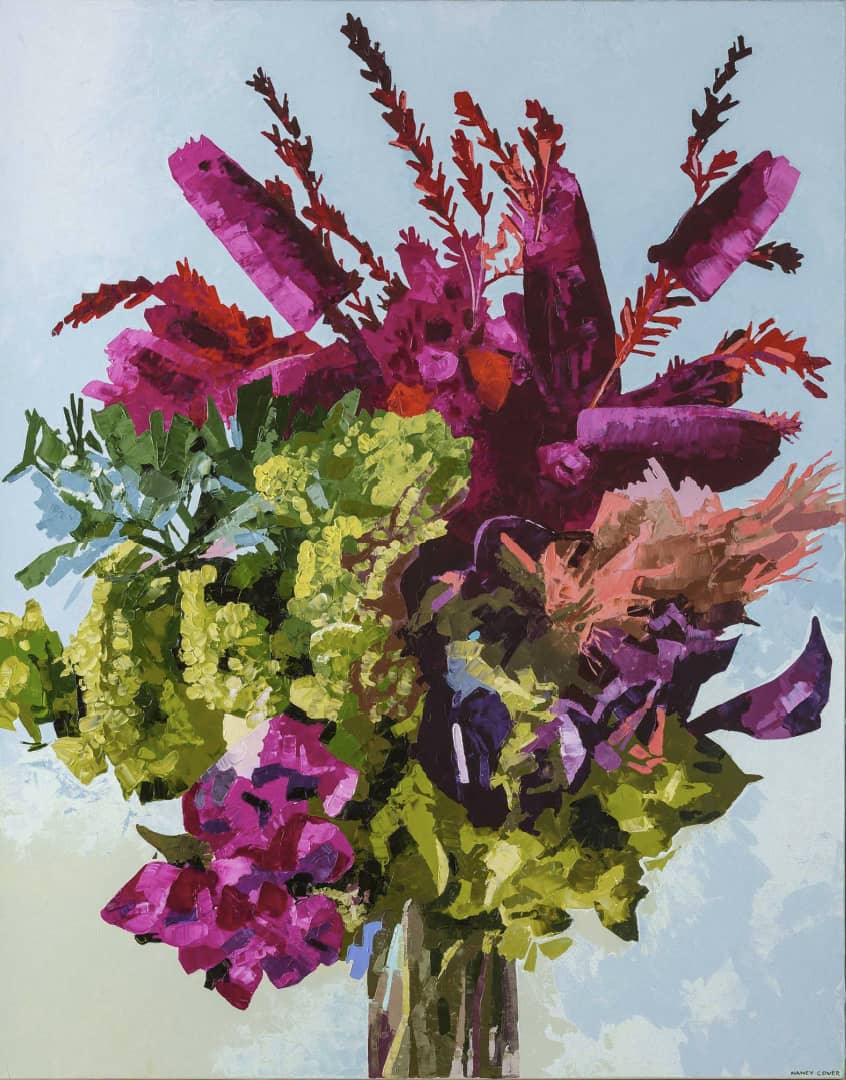 Nancy Cover original painting ~ 'Wild Ruby' @ Curate Art & Design, a must-visit art gallery in Daylesford, Victoria. Free delivery Melbourne metro.

A colorful floral painting of a bouquet of flowers in a vase, featuring prominent magenta, purple, green, and orange blossoms against a pale blue background.