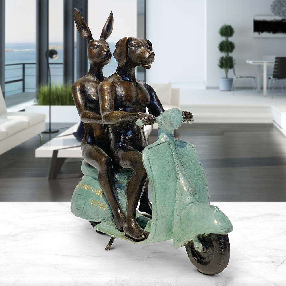 Gillie and Marc Bronze Sculpture ~ 'They Were the Authentic Vespa Riders' (Green) - Curate Art & Design Gallery Sorrento Mornington Peninsula Melbourne