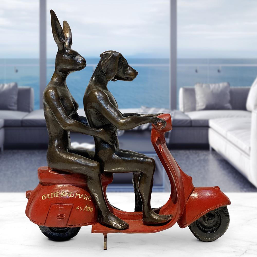 Gillie and Marc Bronze Sculpture ~ 'They Were the Authentic Vespa Riders' (Red) - Curate Art & Design Gallery Sorrento Mornington Peninsula Melbourne