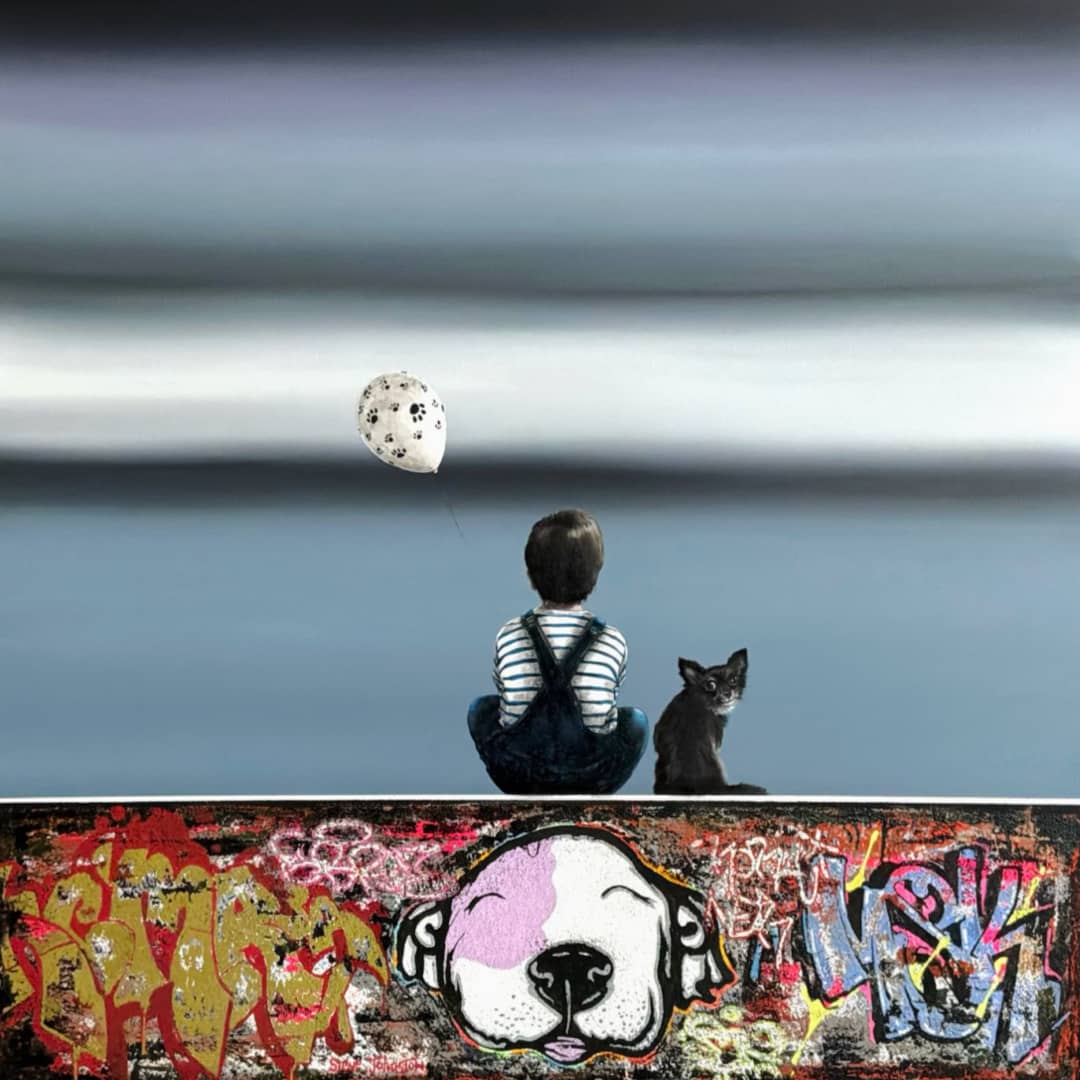 UK artist Steve Johnston painting ~ 'I Love My Dog' @ Curate Art & Design (Daylesford, Melbourne) - Steve Johnston's exclusive representatives in Australia.

A child in a striped shirt sits on a graffiti-covered wall next to a black cat, with a white balloon floating above them against a blurred blue-gray background.