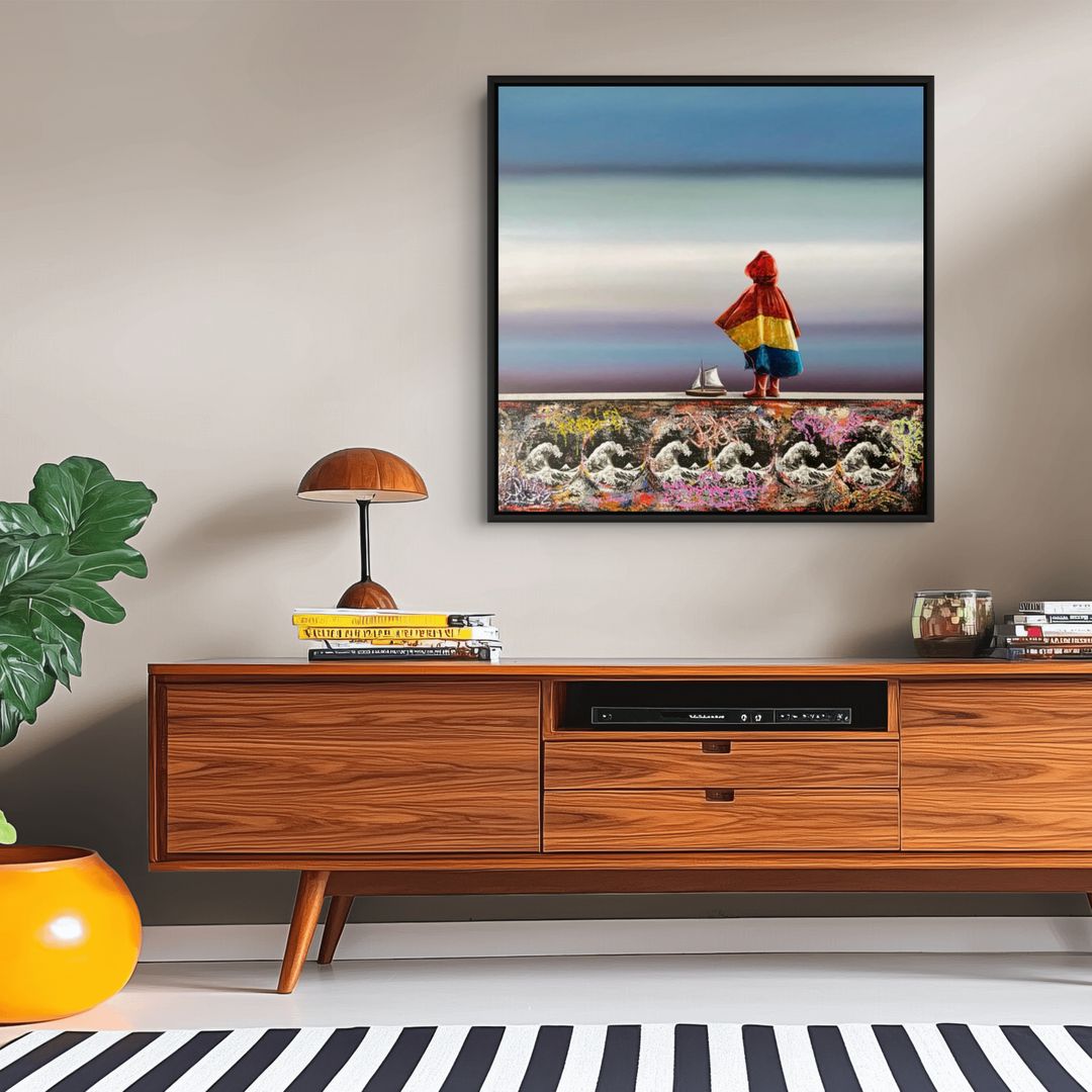 UK artist Steve Johnston painting ~ 'The Beginning of a Great Adventure' - exclusively in Australia at Curate Art & Design in Daylesford, Melbourne, Australia.

A stylised artwork showing a small figure wrapped in a red, yellow, and blue striped cloth standing on a ledge beside a tiny sailboat, with a multicolored wave-patterned foreground and a soft blue gradient sky behind.