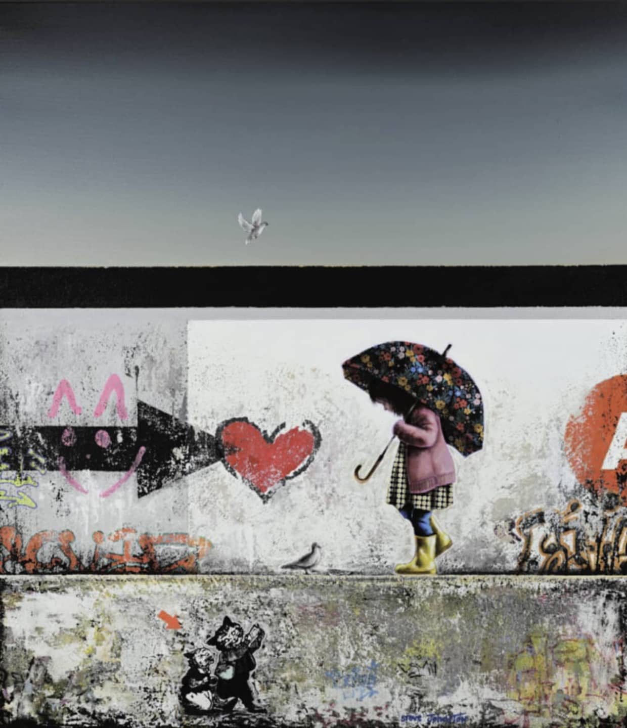 UK artist Steve Johnston painting ~ 'Hi Bird' @ Curate Art & Design (Daylesford, Melbourne) - Steve Johnston's exclusive representatives in Australia.

A painting depicting a child in a pink coat and floral umbrella walking along a graffiti-covered wall under a blue-gray sky, with a white dove high above.