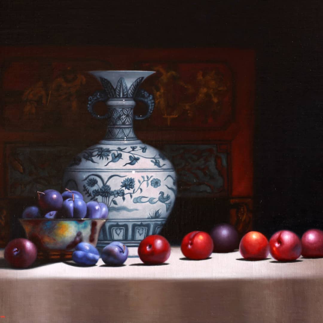 Vicki Sullivan Painting ~ 'Blue Plums and Chinese Vase' - Curate Art & Design Gallery Sorrento, Mornington Peninsula, Melbourne