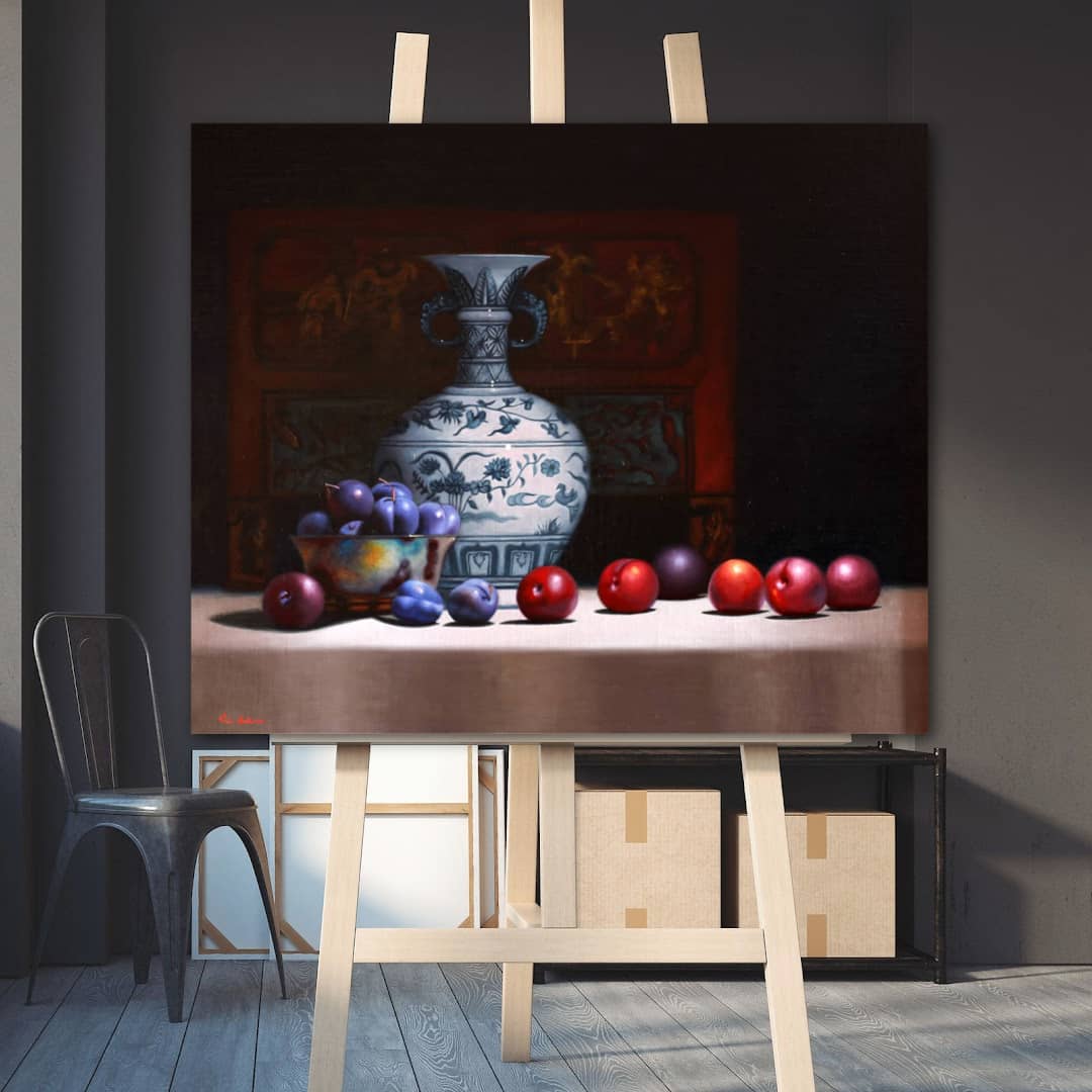 Vicki Sullivan Painting ~ 'Blue Plums and Chinese Vase' - Curate Art & Design Gallery Sorrento, Mornington Peninsula, Melbourne