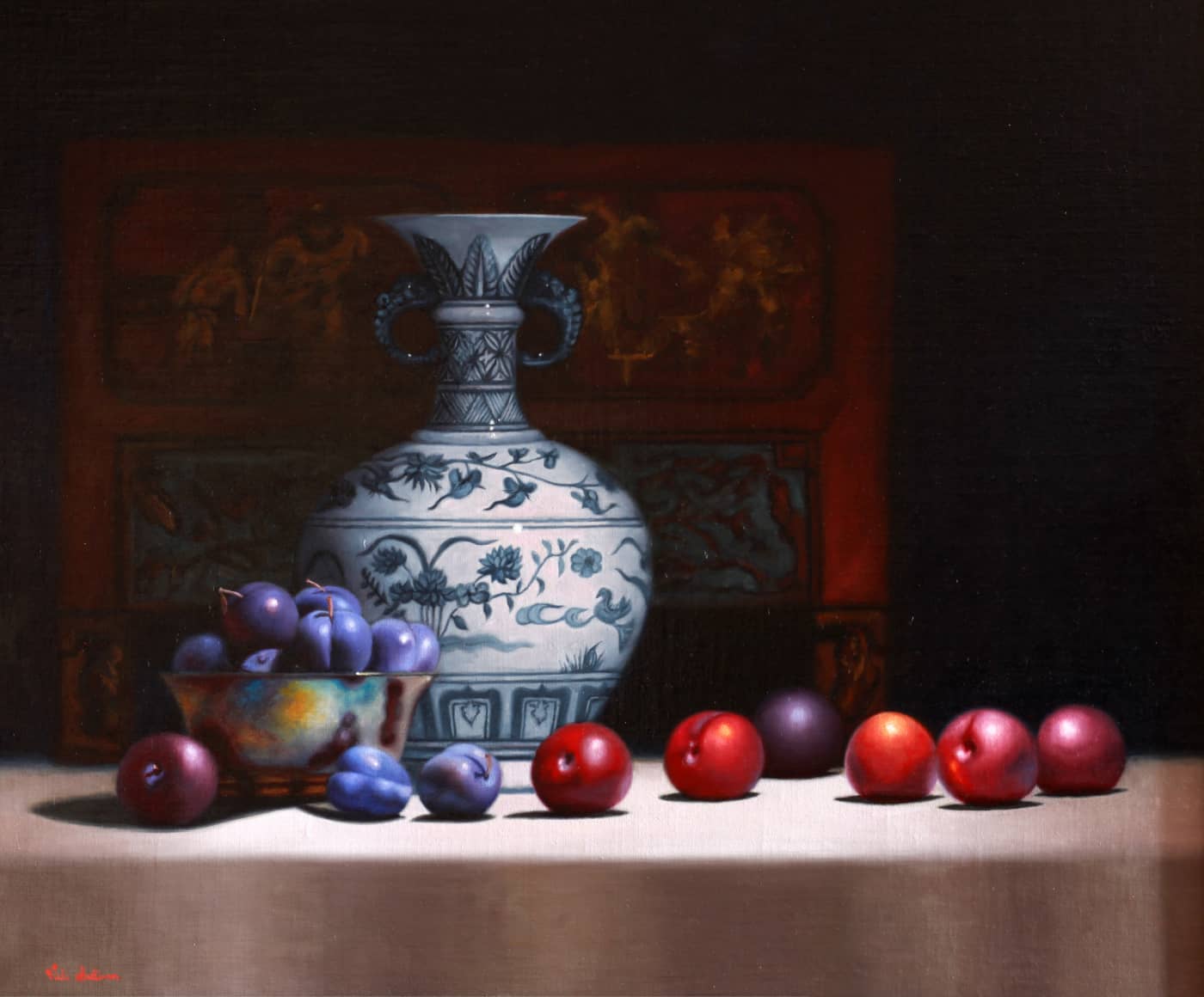 Vicki Sullivan Painting ~ 'Blue Plums and Chinese Vase' - Curate Art & Design Gallery Sorrento Mornington Peninsula Melbourne