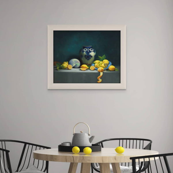 Vicki Sullivan Painting ~ 'Blue and White Persian Vase with Lemons' - Curate Art & Design Gallery Sorrento, Melbourne