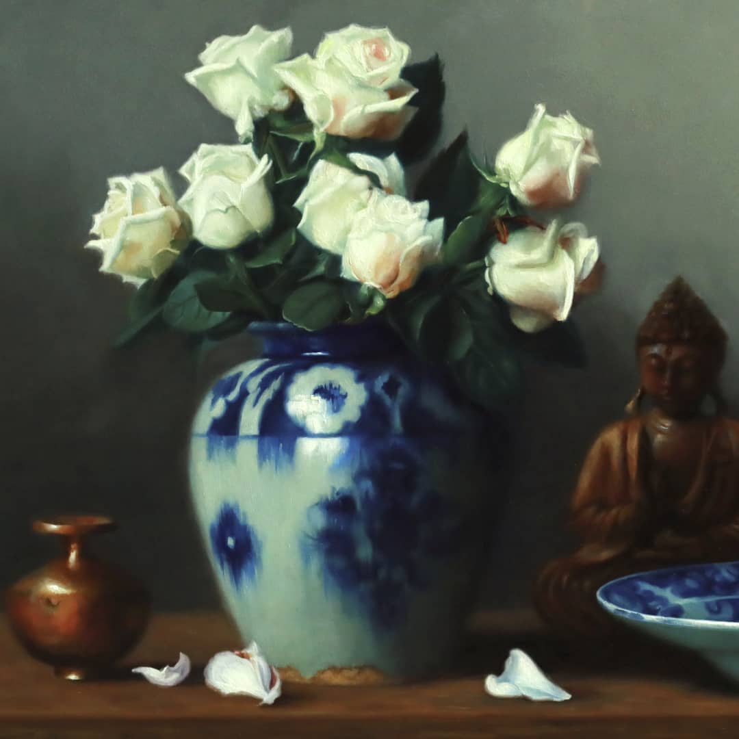 Vicki Sullivan (Archibald Prize Finalist 2026) painting ~ 'Buddha with Pale Roses' @ Curate Art & Design in Daylesford (formerly Sorrento).