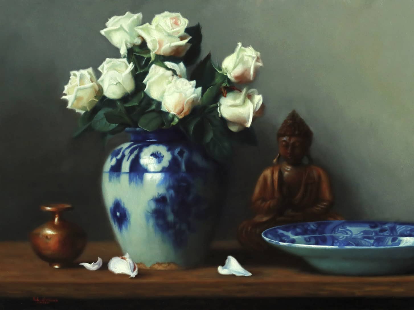 Vicki Sullivan (Archibald Prize Finalist 2026) painting ~ 'Buddha with Pale Roses' @ Curate Art & Design in Daylesford (formerly Sorrento).