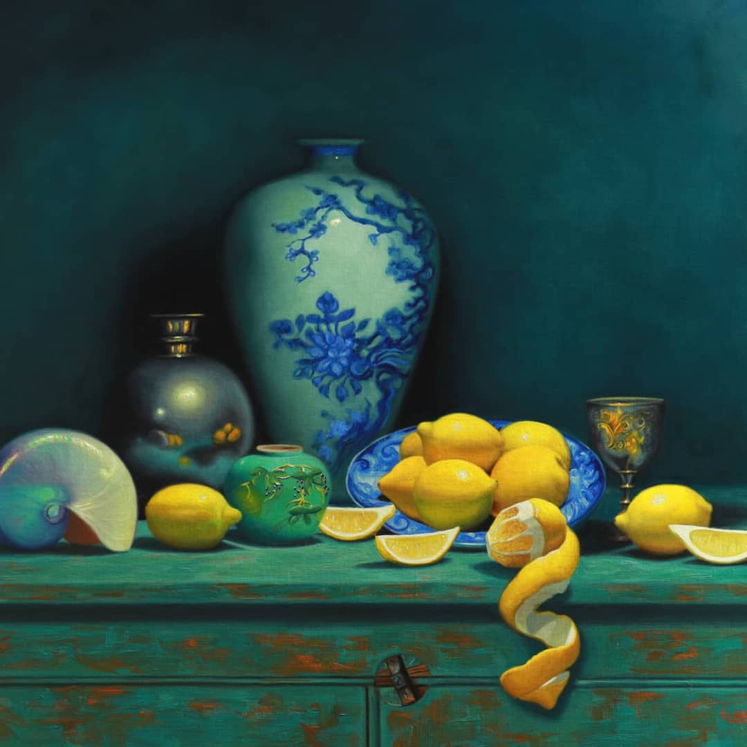 Vicki Sullivan Painting ~ 'Flower Vase with Lemons & Nautilus' - Curate Art & Design Gallery Sorrento, Mornington Peninsula, Melbourne