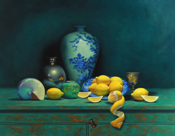 Vicki Sullivan Painting ~ 'Flower Vase with Lemons & Nautilus' - Curate Art & Design Gallery Sorrento, Mornington Peninsula, Melbourne