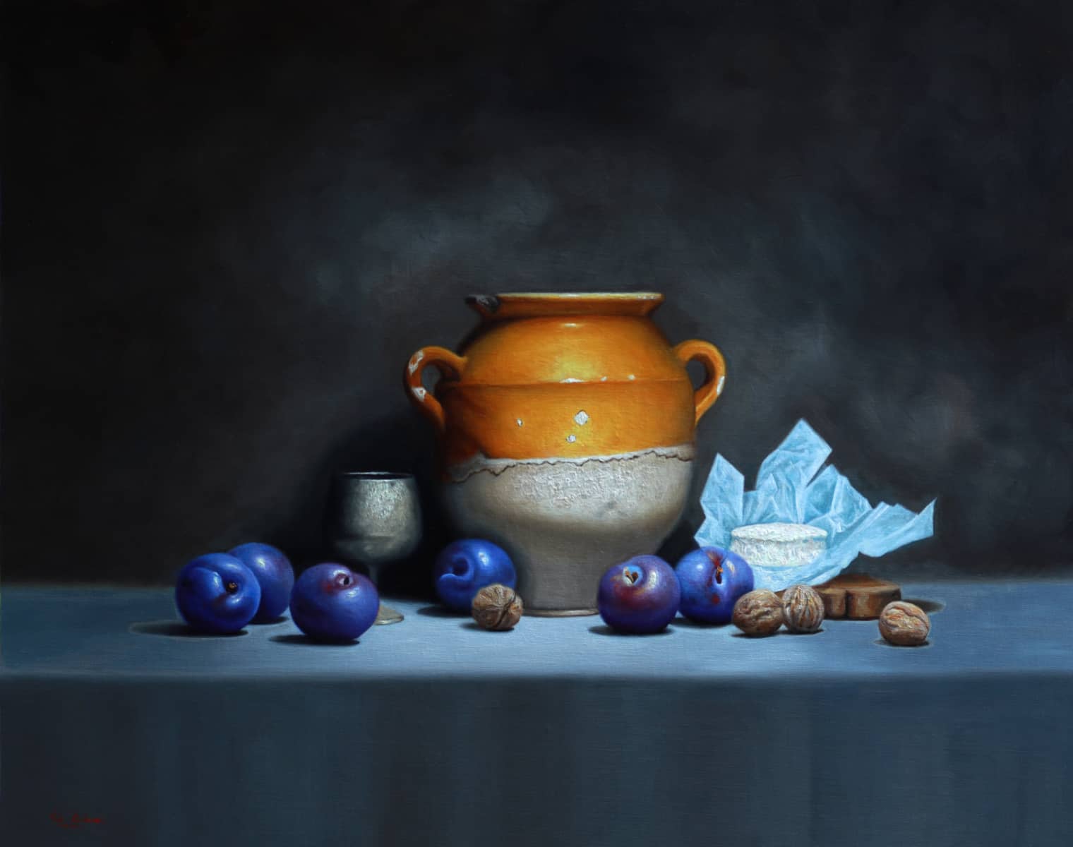 Vicki Sullivan Painting ~ 'French Yellow Confit Pot with Plums' - Curate Art & Design Gallery Sorrento Mornington Peninsula Melbourne