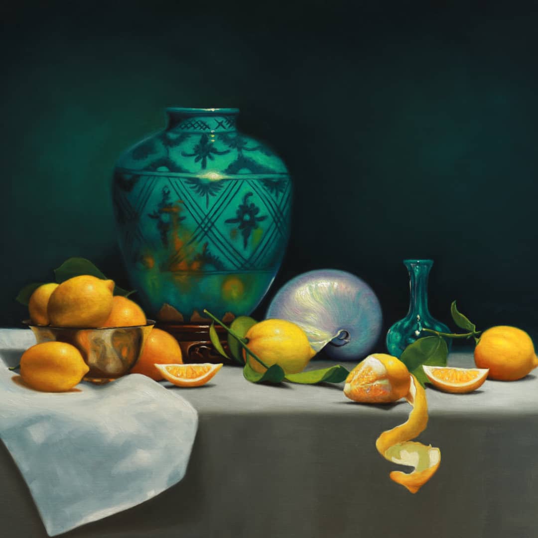 Vicki Sullivan Painting ~ 'Lemons with Persian Vase and Nautilus Shell' - Curate Art & Design Gallery Sorrento Mornington Peninsula Melbourne