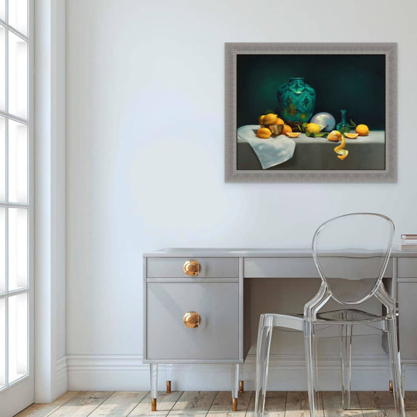 Vicki Sullivan Painting ~ 'Lemons with Persian Vase and Nautilus Shell' - Curate Art & Design Gallery Sorrento Mornington Peninsula Melbourne