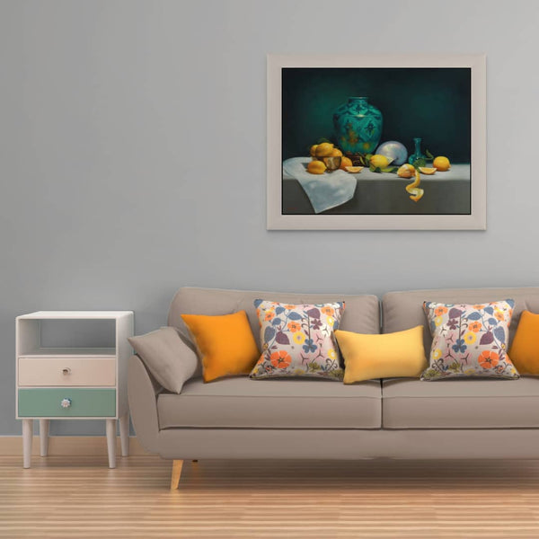 Vicki Sullivan Painting ~ 'Lemons with Persian Vase and Nautilus Shell' - Curate Art & Design Gallery Sorrento Mornington Peninsula Melbourne