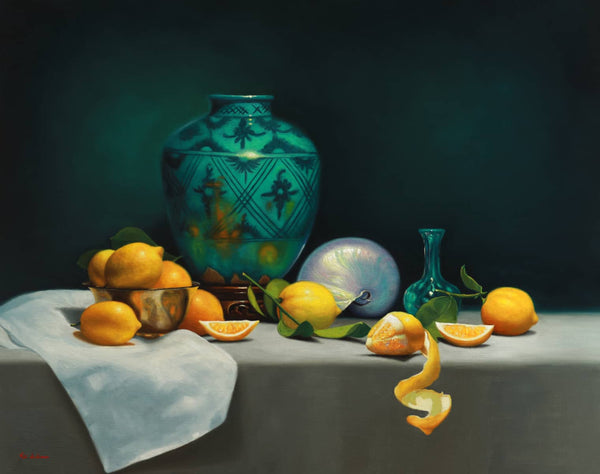 Vicki Sullivan Painting ~ 'Lemons with Persian Vase and Nautilus Shell' - Curate Art & Design Gallery Sorrento Mornington Peninsula Melbourne