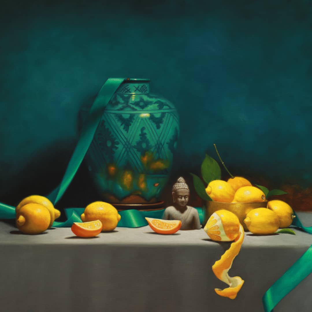 Vicki Sullivan Painting ~ 'Persian Vase with Lemons and Buddha' - Curate Art & Design Gallery Sorrento Mornington Peninsula Melbourne