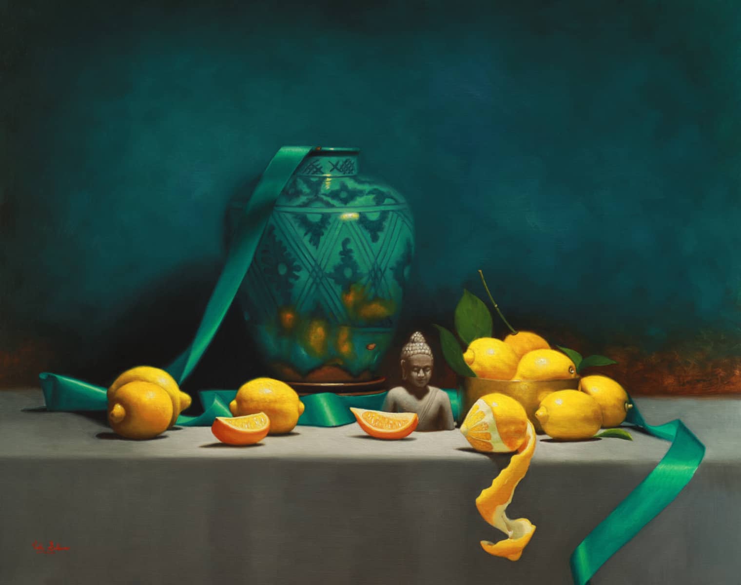 Vicki Sullivan Painting ~ 'Persian Vase with Lemons and Buddha' - Curate Art & Design Gallery Sorrento, Mornington Peninsula, Melbourne