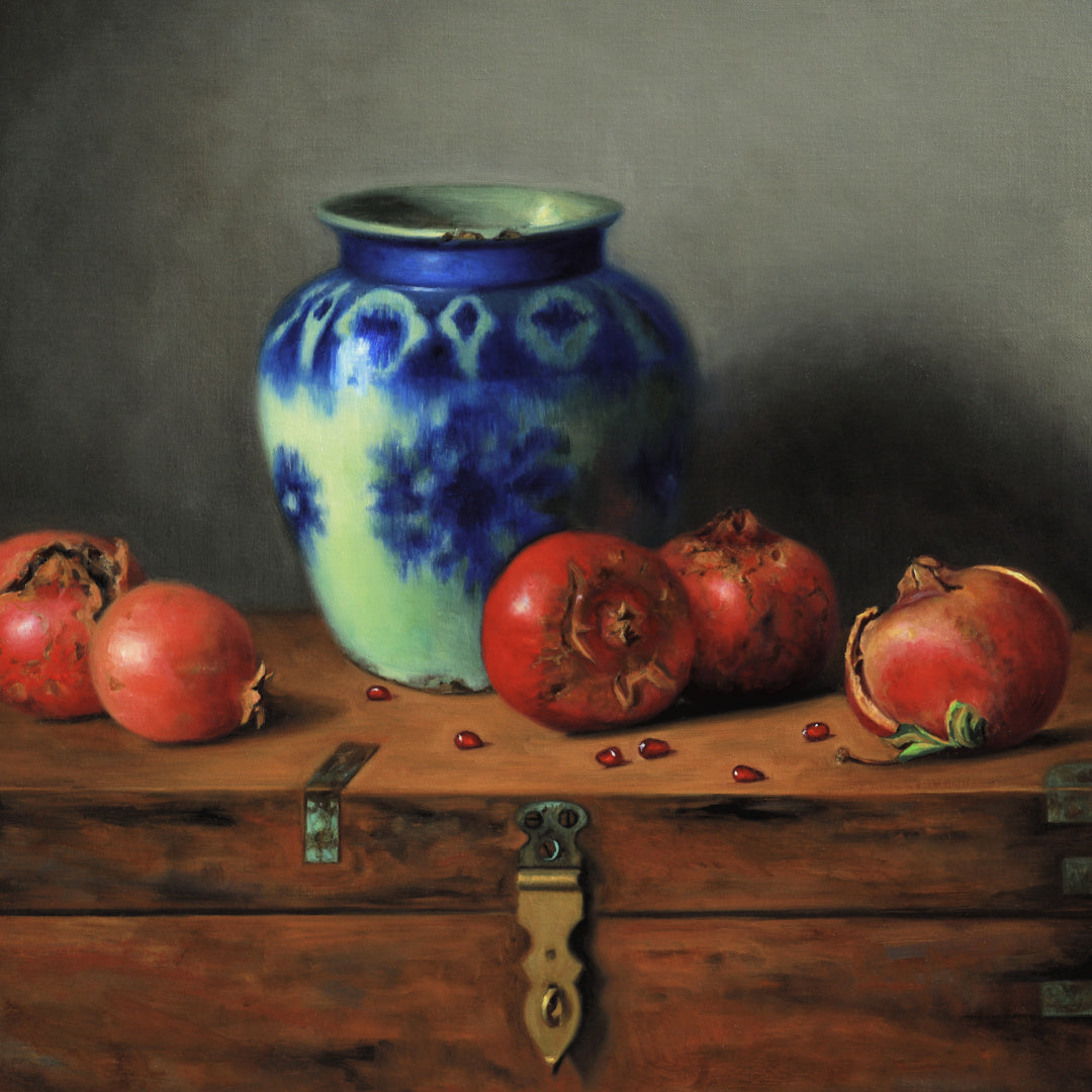 Vicki Sullivan Painting ~ 'Pomegranates with Blue & White Persian Vase' (Archibald Finalist 2025) @ Curate Art & Design in Daylesford (formerly Sorrento).