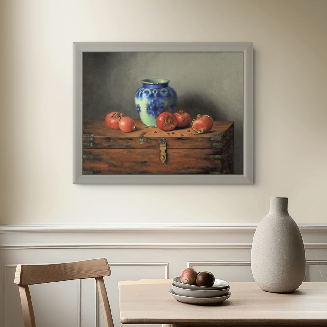 Vicki Sullivan Painting ~ 'Pomegranates with Blue & White Persian Vase' (Archibald Finalist 2025) @ Curate Art & Design in Daylesford (formerly Sorrento).