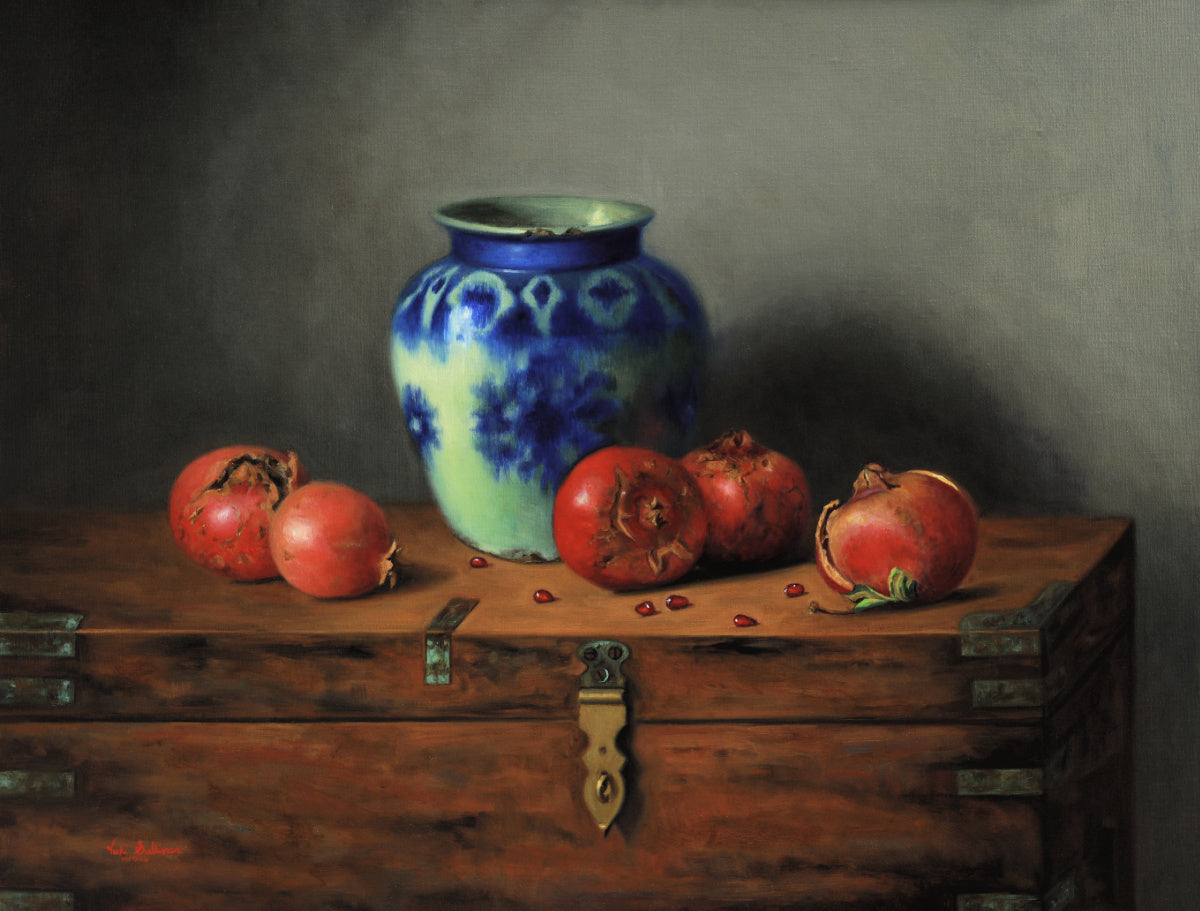 Vicki Sullivan Painting ~ 'Pomegranates with Blue & White Persian Vase' (Archibald Finalist 2025) @ Curate Art & Design in Daylesford (formerly Sorrento).