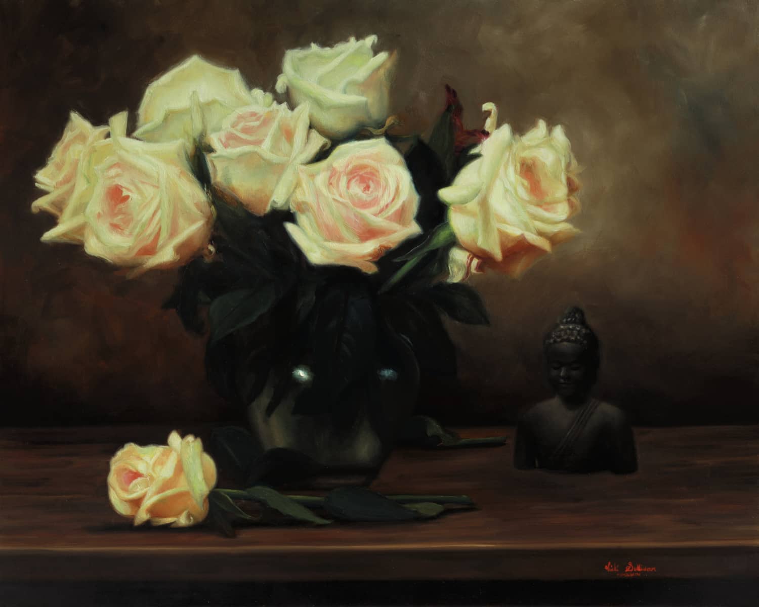 Vicki Sullivan (ARC Living Master) painting ~ 'Roses with Buddha' - Available at Curate Art & Design in Sorrento, 90mins from Melbourne.
