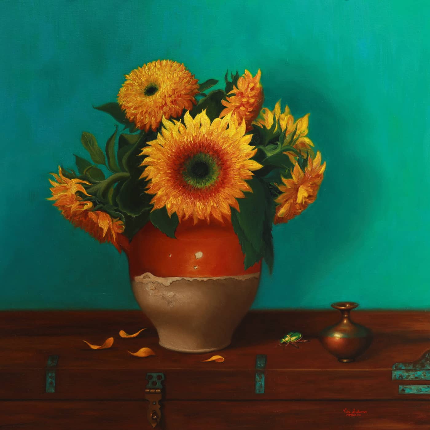Vicki Sullivan Painting ~ 'Sunflowers with Christmas Beetle' - Curate Art & Design Gallery Sorrento, Mornington Peninsula, Melbourne