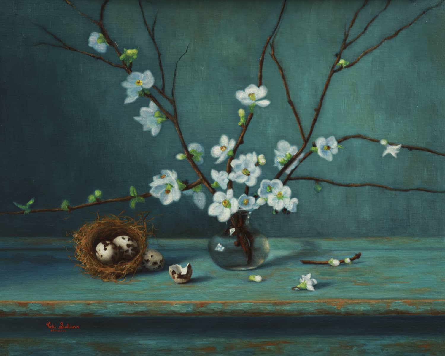 Vicki Sullivan (ARC Living Master) painting ~ 'White Japonica with Nest' - Available at Curate Art & Design in Sorrento, 90mins from Melbourne.