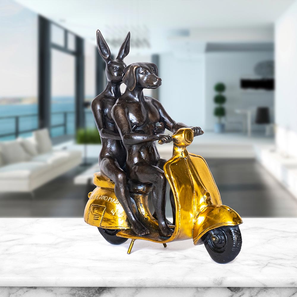 Gillie and Marc Bronze Sculpture ~ 'They Were the Authentic Vespa Riders' (Gold) - Curate Art & Design Gallery Sorrento Mornington Peninsula Melbourne