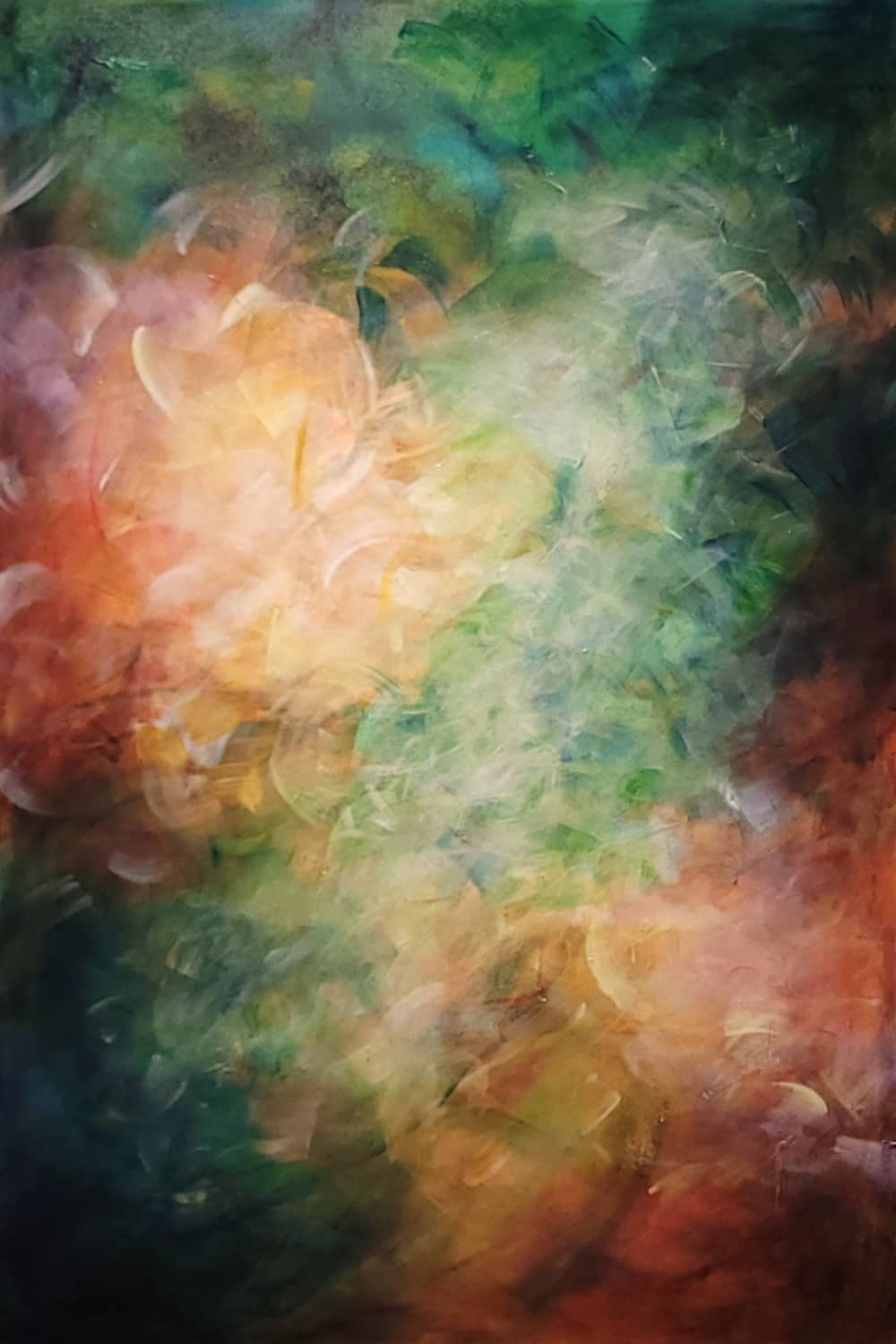Australian abstract artist Mitch Miller painting ~ 'A Light Exists in Spring' - Exclusively at Curate Art & Design Gallery in Daylesford, Victoria.

Abstract impressionistic painting with blended brushstrokes in green, teal, cream, peach, orange, and dark brown tones.