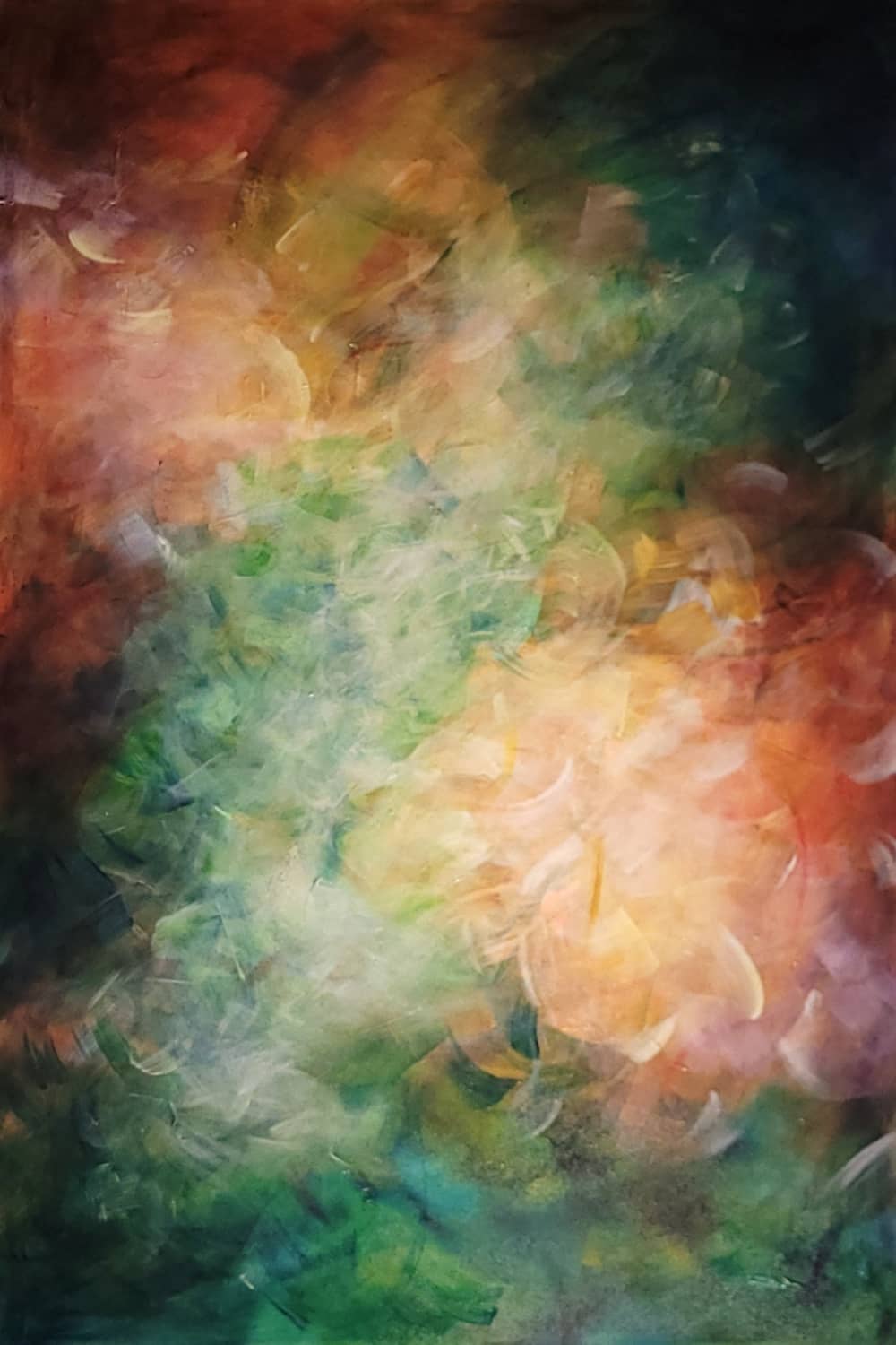 Australian abstract artist Mitch Miller painting ~ 'A Light Exists in Spring' - Exclusively at Curate Art & Design Gallery in Daylesford, Victoria.

Abstract impressionistic painting with blended brushstrokes in green, teal, cream, peach, orange, and dark brown tones.
