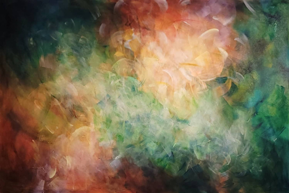 Australian abstract artist Mitch Miller painting ~ 'A Light Exists in Spring' - Exclusively at Curate Art & Design Gallery in Daylesford, Victoria.

Abstract impressionistic painting with blended brushstrokes in green, teal, cream, peach, orange, and dark brown tones.