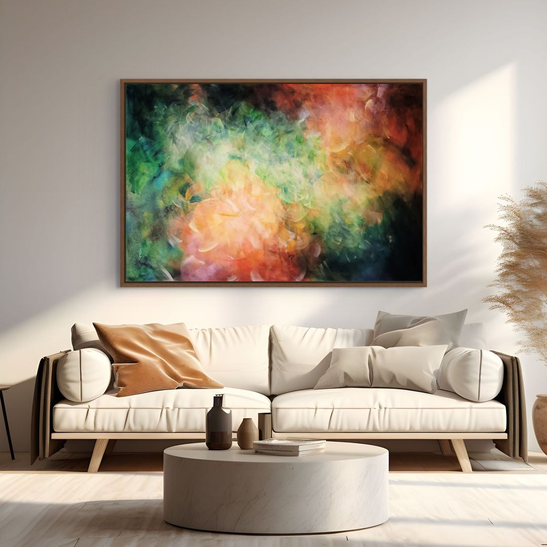 Australian abstract artist Mitch Miller painting ~ 'A Light Exists in Spring' - Exclusively at Curate Art & Design Gallery in Daylesford, Victoria.

Abstract impressionistic painting with blended brushstrokes in green, teal, cream, peach, orange, and dark brown tones.