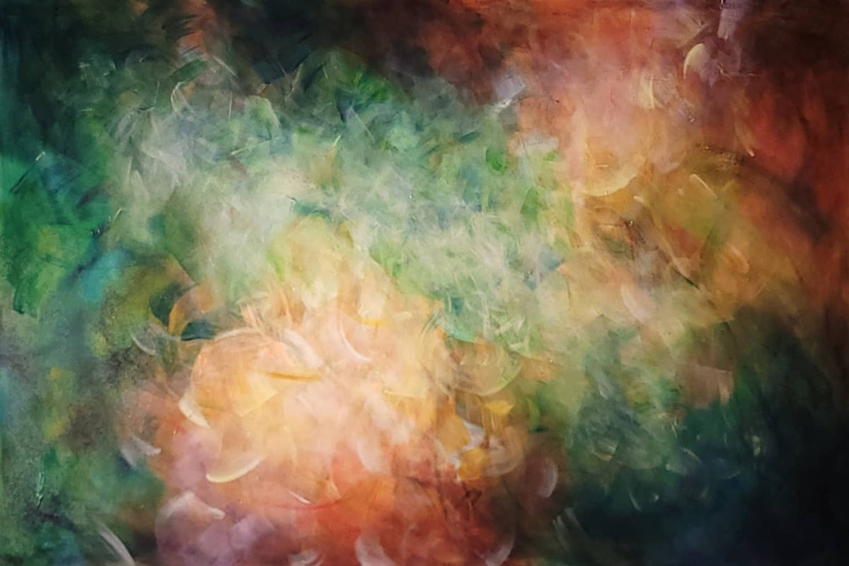 Australian abstract artist Mitch Miller painting ~ 'A Light Exists in Spring' - Exclusively at Curate Art & Design Gallery in Daylesford, Victoria.

Abstract impressionistic painting with blended brushstrokes in green, teal, cream, peach, orange, and dark brown tones.