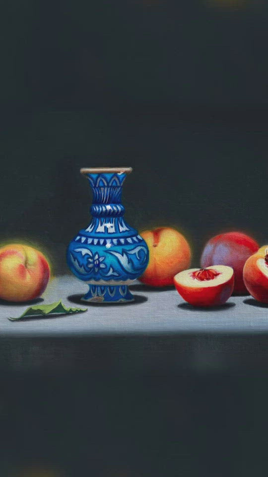 Australian Artist (ARC Living Master) Vicki Sullivan Painting ~ 'Peaches with Persian Tznik Vase' - Curate Art & Design Gallery Sorrento Mornington Peninsula Melbourne
