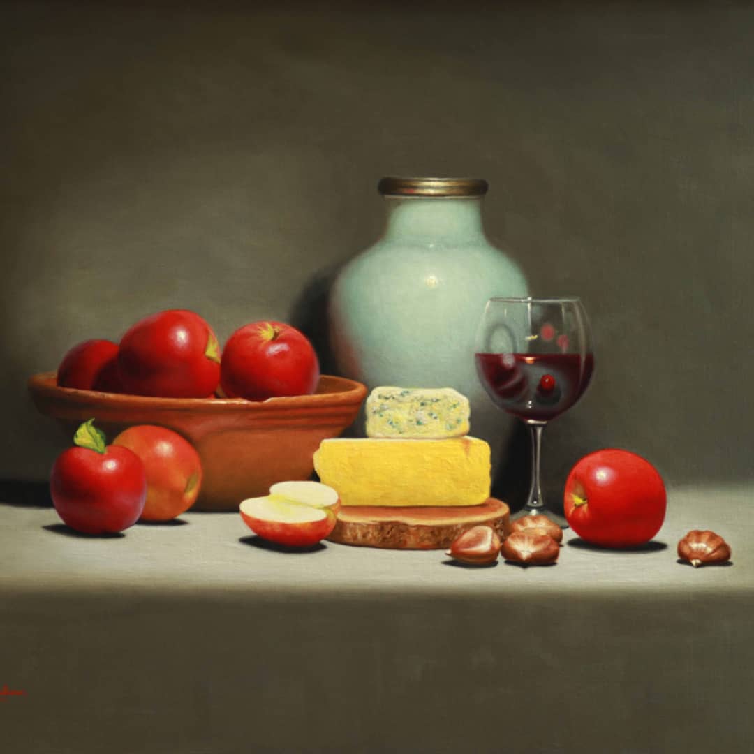Vicki Sullivan Painting ~ 'A Good Wine with Cheese and Apples' - Curate Art & Design Gallery Sorrento Mornington Peninsula Melbourne
