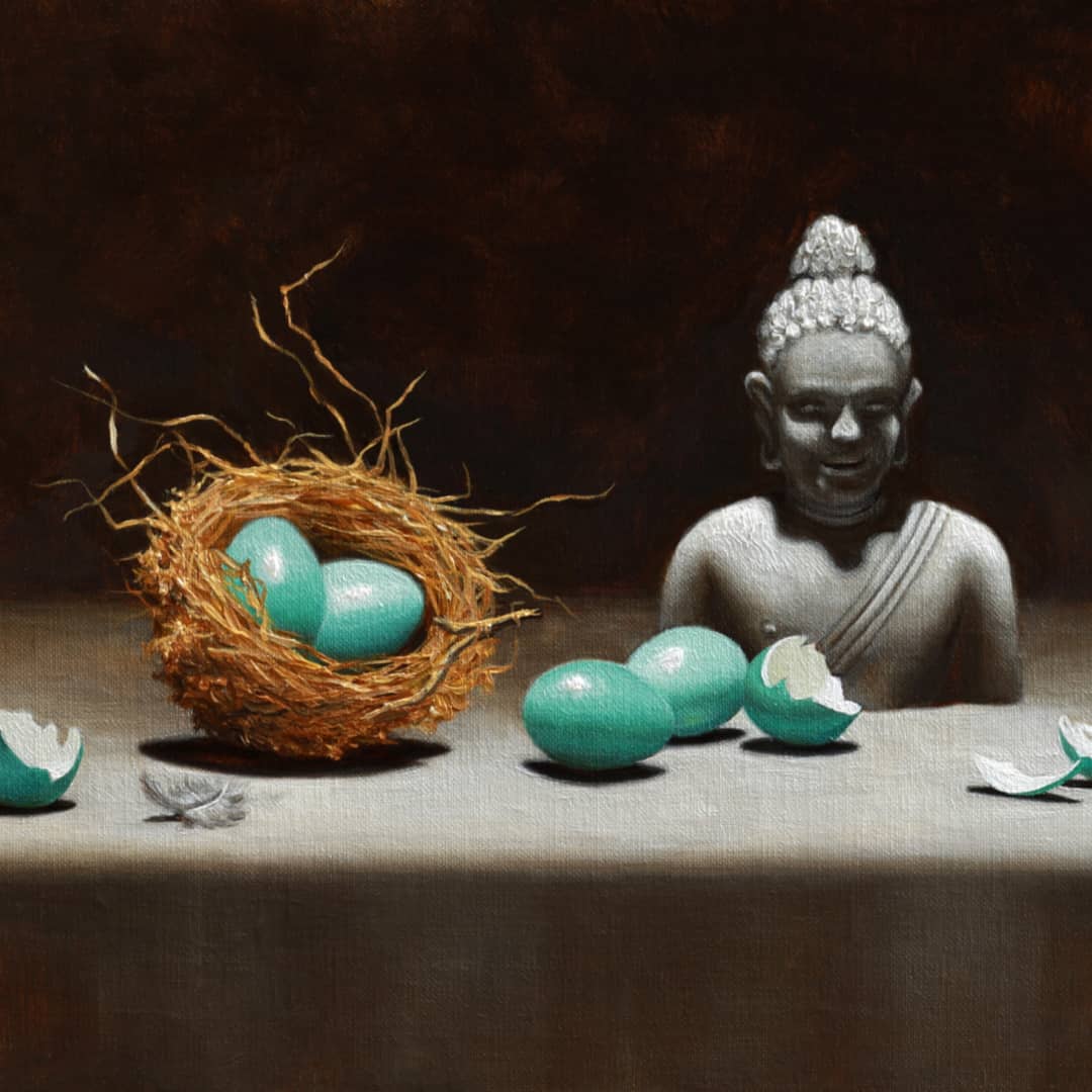 Vicki Sullivan Painting ~ 'Blue Eggs with Buddha' - Curate Art & Design Gallery Sorrento Mornington Peninsula Melbourne
