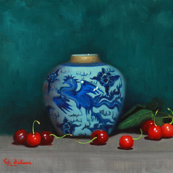 Australian Artist (ARC Living Master) Vicki Sullivan Painting ~ 'Cherries with Phoenix Pot' - Curate Art & Design Gallery Sorrento Mornington Peninsula Melbourne