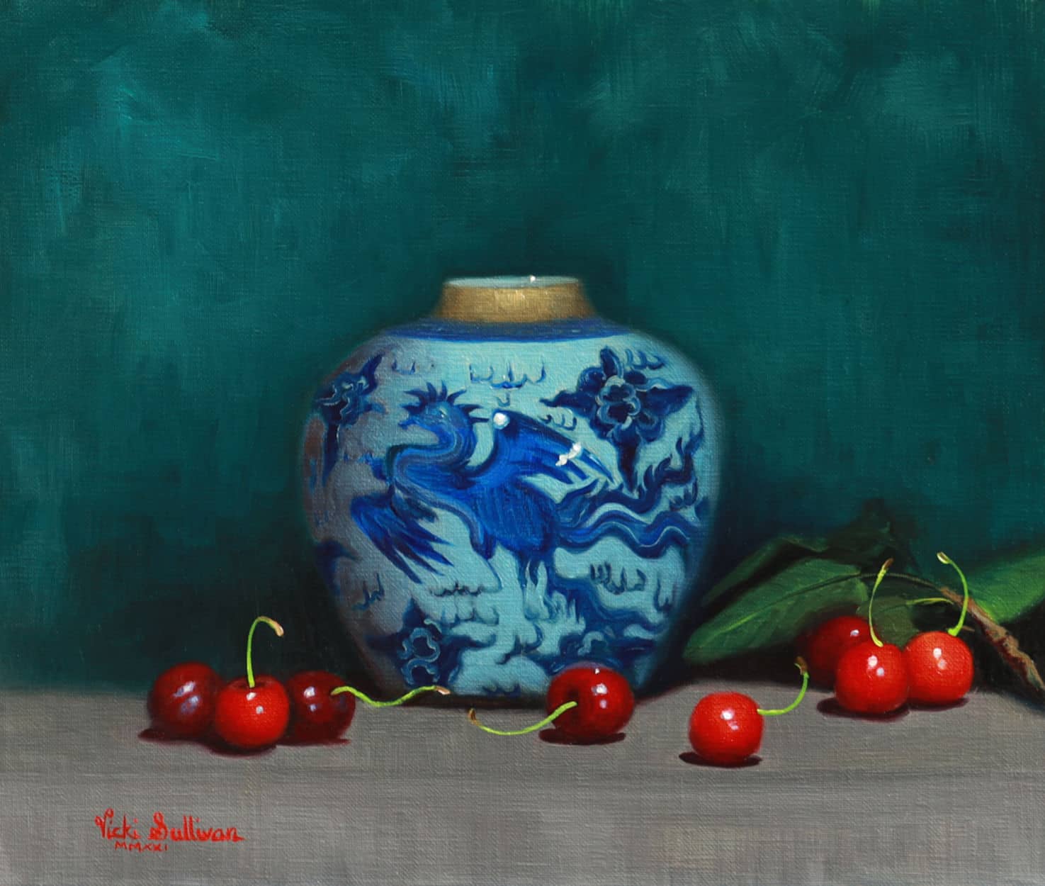 Australian Artist (ARC Living Master) Vicki Sullivan Painting ~ 'Cherries with Phoenix Pot' - Curate Art & Design Gallery Sorrento Mornington Peninsula Melbourne
