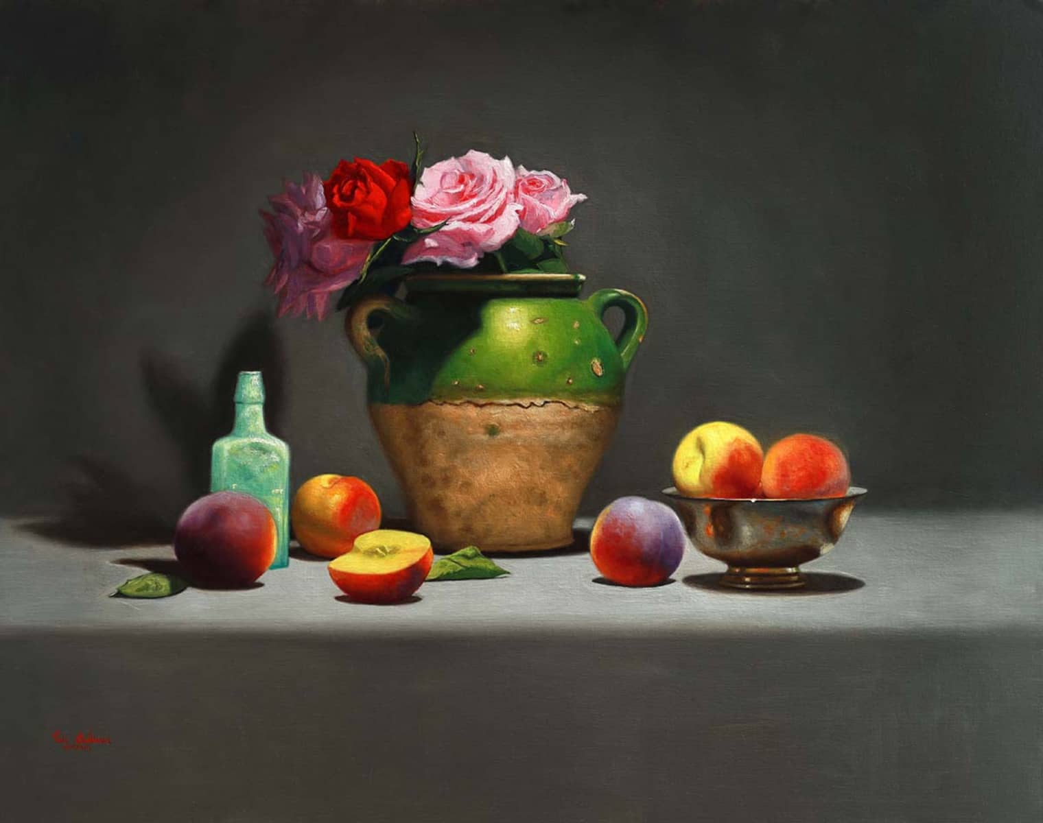 Vicki Sullivan Painting ~ 'French Confit Pot with Peaches and Roses' - Curate Art & Design Gallery Sorrento Mornington Peninsula Melbourne