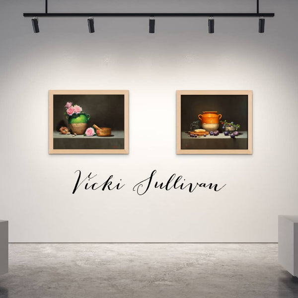 Vicki Sullivan Painting ~ 'Green French Pot with Roses' - Curate Art & Design Gallery Sorrento Mornington Peninsula Melbourne