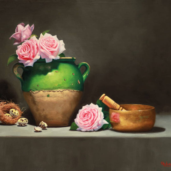 Vicki Sullivan Painting ~ 'Green French Pot with Roses' - Curate Art & Design Gallery Sorrento Mornington Peninsula Melbourne