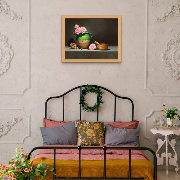Vicki Sullivan Painting ~ 'Green French Pot with Roses' - Curate Art & Design Gallery Sorrento Mornington Peninsula Melbourne