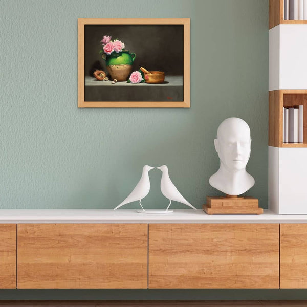 Vicki Sullivan Painting ~ 'Green French Pot with Roses' - Curate Art & Design Gallery Sorrento Mornington Peninsula Melbourne