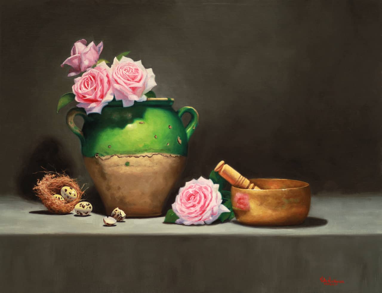 Vicki Sullivan Painting ~ 'Green French Pot with Roses' - Curate Art & Design Gallery Sorrento Mornington Peninsula Melbourne