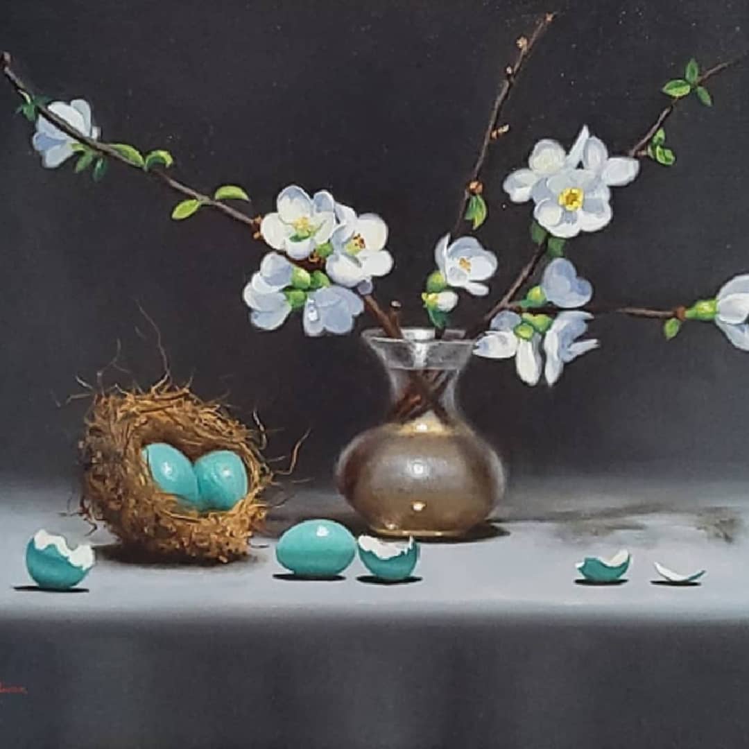 Australian Artist Vicki Sullivan Painting ~ 'Nest with Blue Eggs and Japonica' - Curate Art & Design Gallery Sorrento Mornington Peninsula Melbourne