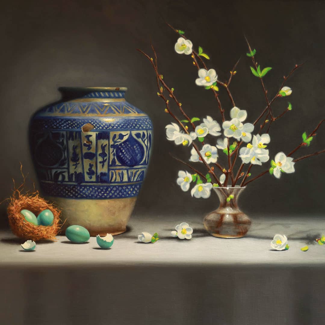 Australian Artist Vicki Sullivan Painting ~ 'Persian Vase with Japonica' - Curate Art & Design Gallery Sorrento Mornington Peninsula Melbourne