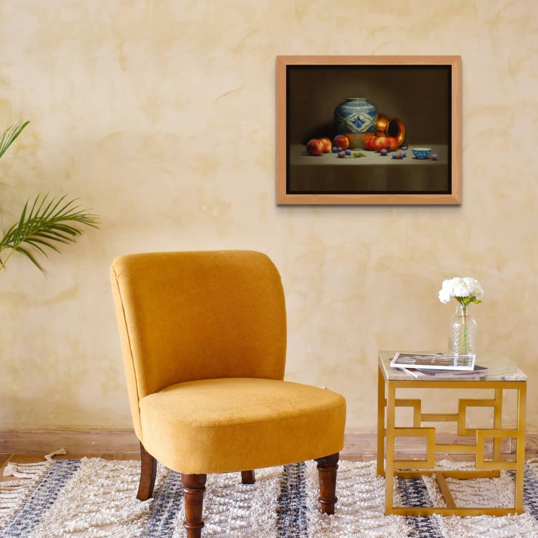 Australian Artist Vicki Sullivan Painting ~ 'Persian Vase with Peaches and Damsons' - Curate Art & Design Gallery Sorrento Mornington Peninsula Melbourne