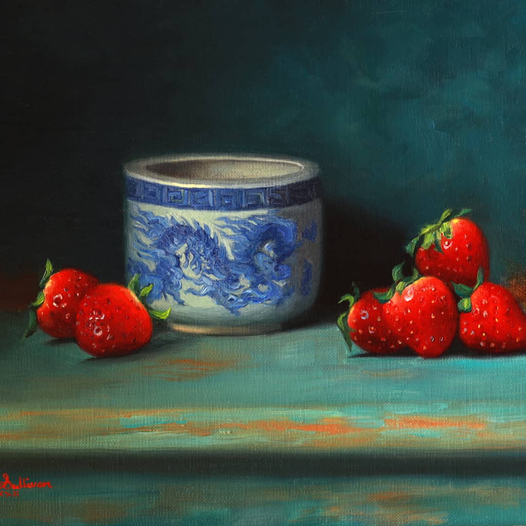 Vicki Sullivan Painting ~ 'Strawberries with Blue and White Pot' - Curate Art & Design Gallery Sorrento Mornington Peninsula Melbourne