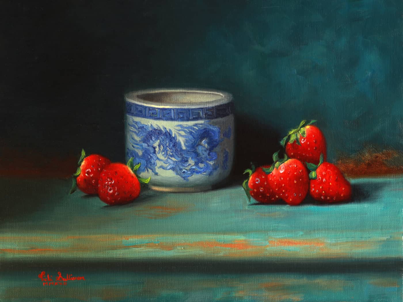 Vicki Sullivan Painting ~ 'Strawberries with Blue and White Pot' - Curate Art & Design Gallery Sorrento Mornington Peninsula Melbourne